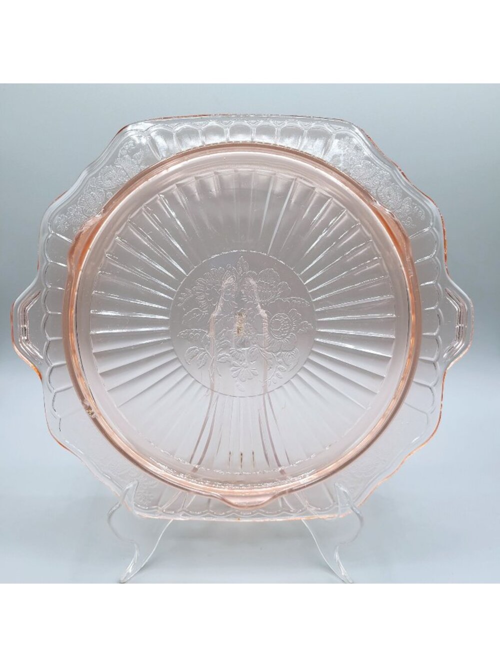 Anchor Hocking Mayfair Open Rose Cake Plate Pink Footed 1930s Serving Tray